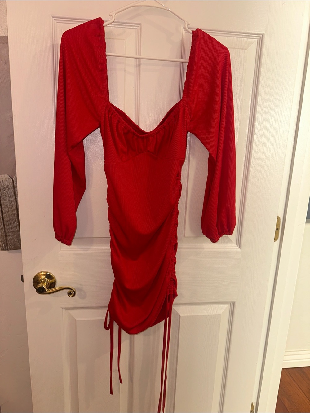 Red Long-Sleeve Ruched Mini Dress